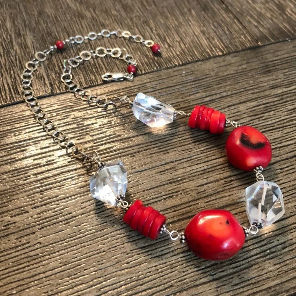 Vintage Sterling Red Coral & Cut Crystal Necklace